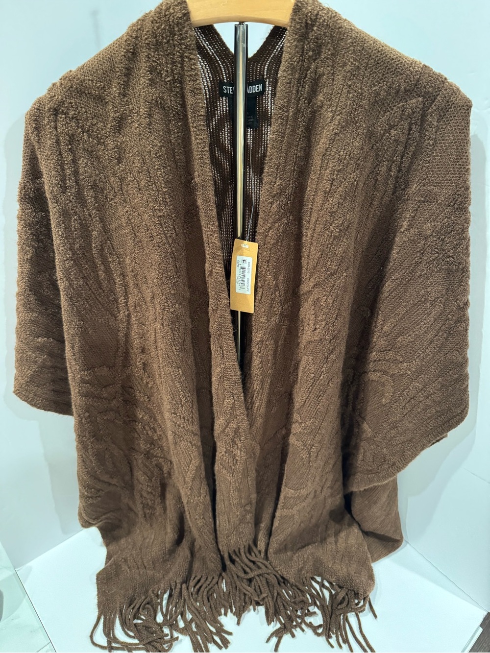 Steve Madden Brown Fringe Knit Ruana Shawl Cardigan One Size NWT